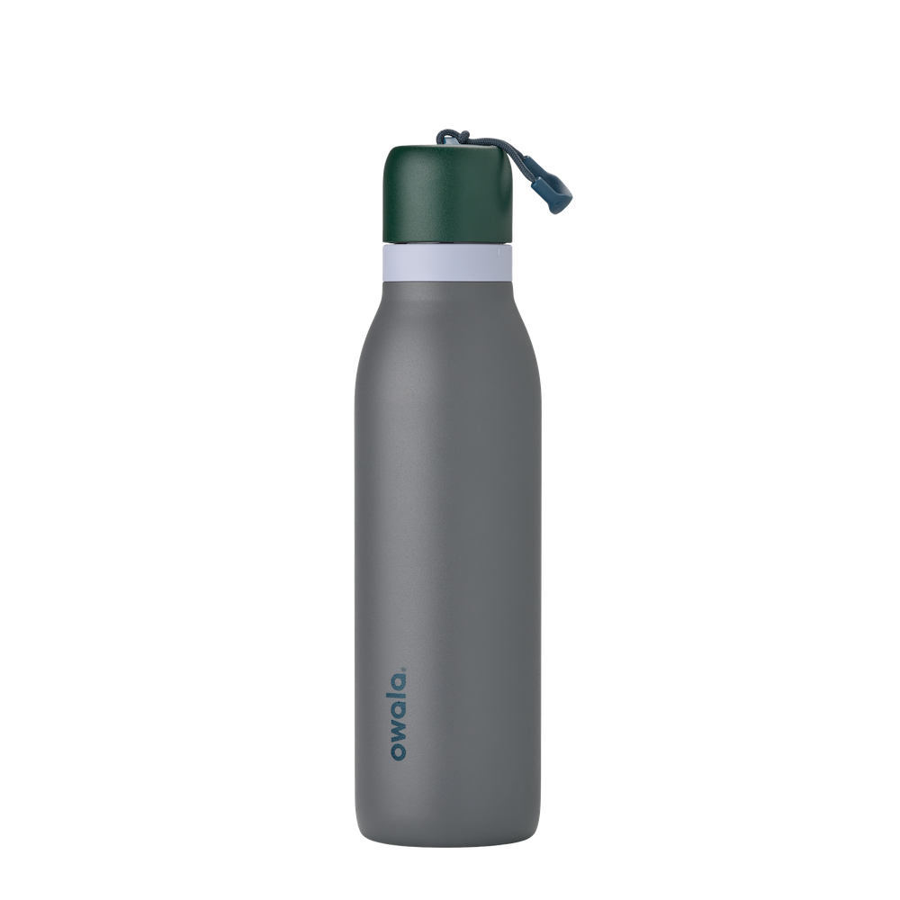 FreeSip Twist 24oz, coral pink body with orange-red lid and purple band; slim insulated bottle