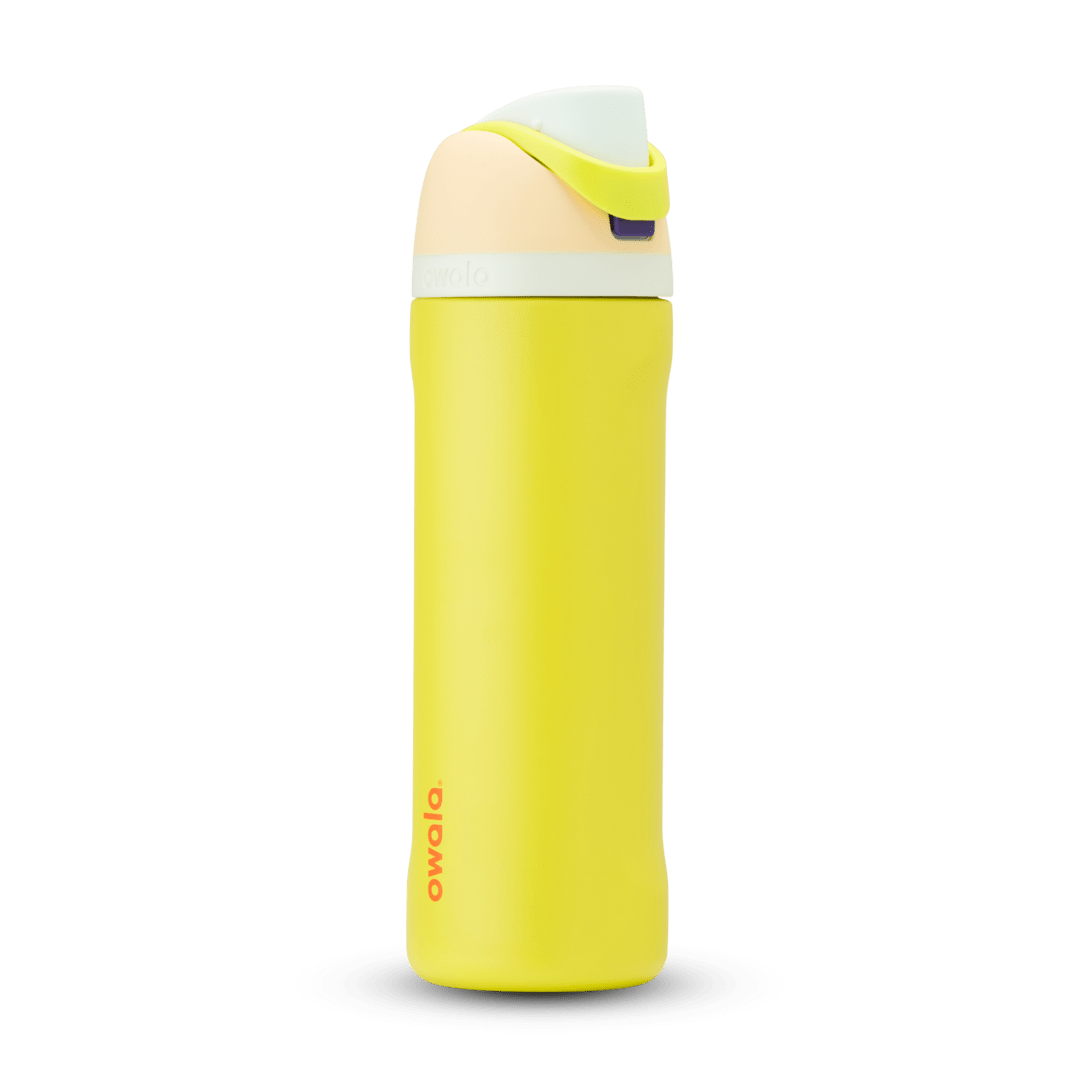 Owala FreeSip 24oz in Out of the Blue, periwinkle blue insulated bottle with matching blue-lavender flip cap and carry loop