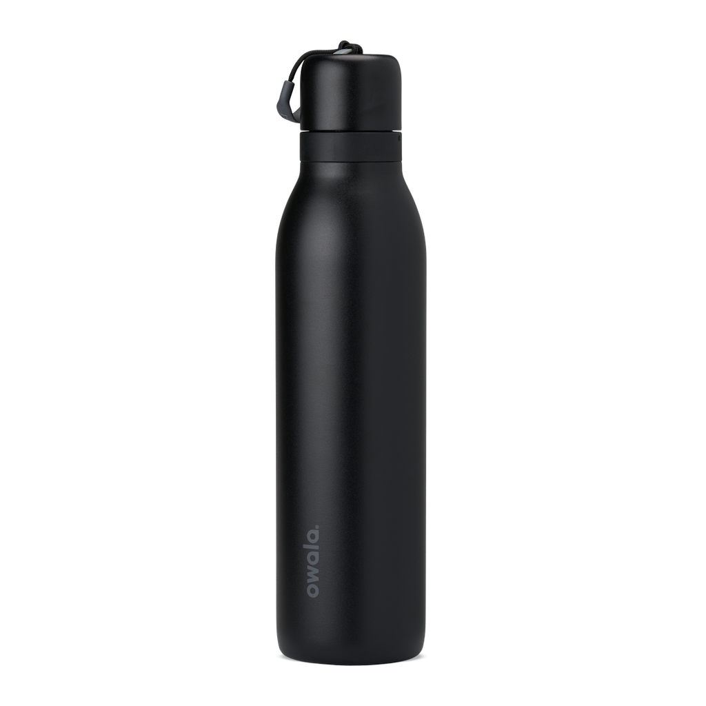 FreeSip Twist 24oz, coral pink body with orange-red lid and purple band; slim insulated bottle