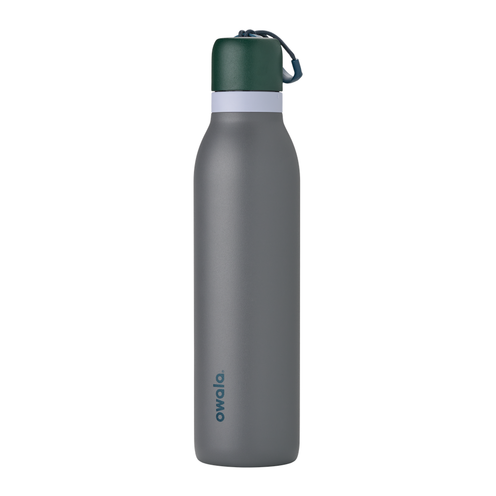FreeSip Twist 24oz, coral pink body with orange-red lid and purple band; slim insulated bottle