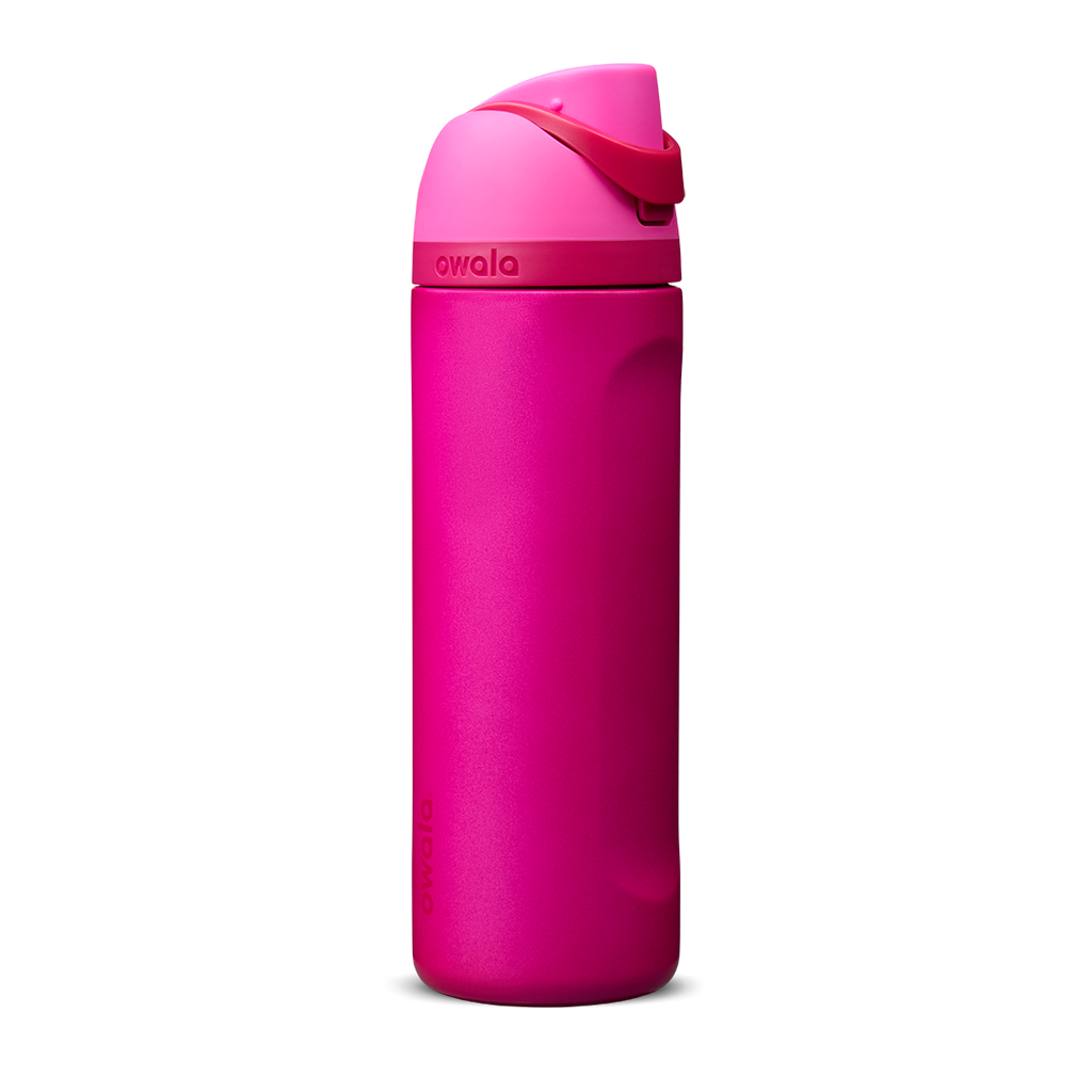 Owala FreeSip 24oz in Read My Lips, deep magenta pink insulated bottle with bright hot pink flip cap and carry loop